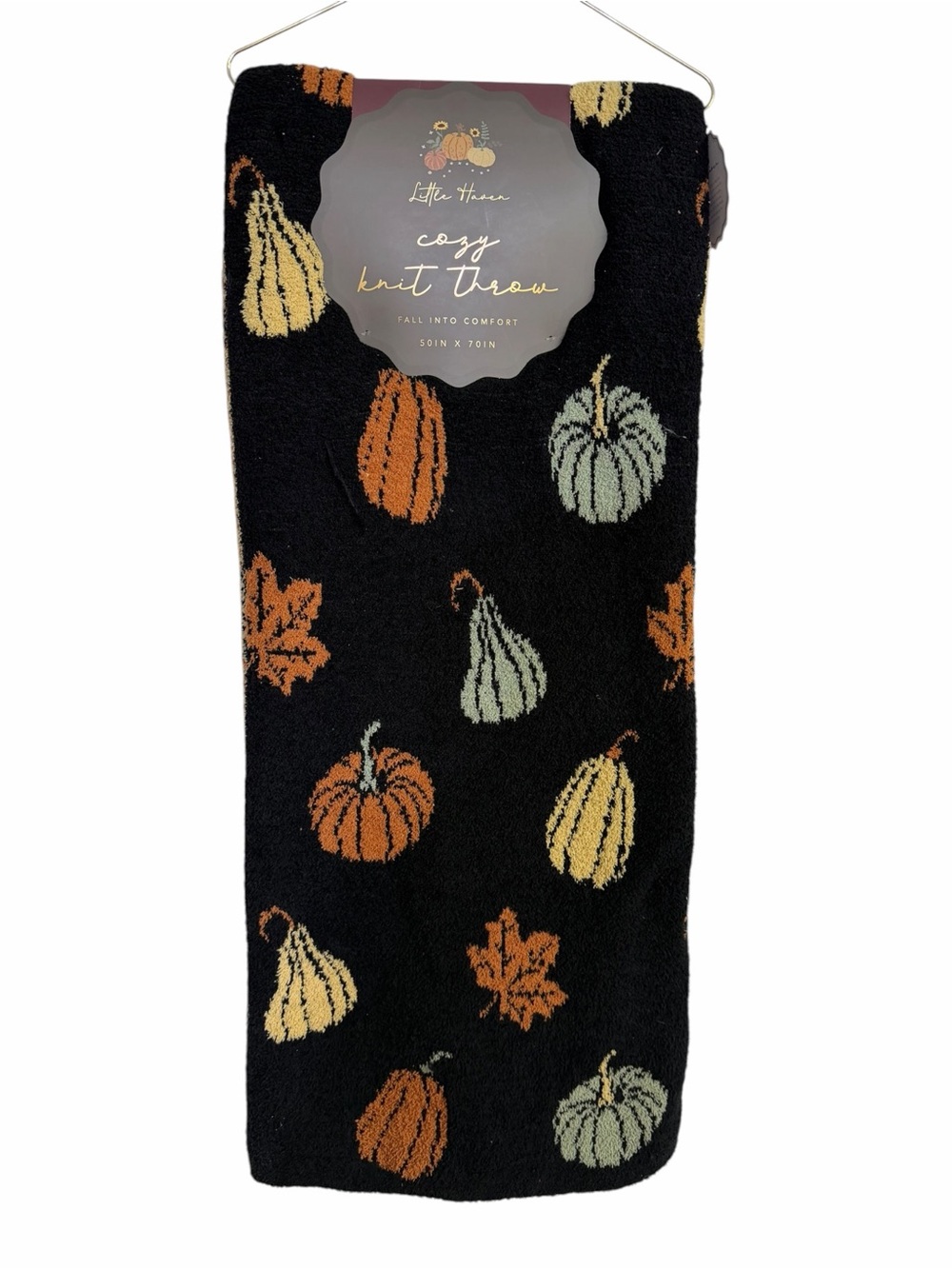 Little Haven Cozy Knit Throw Blanket Black Pumpkins Fall Harvest 50” x 70” NWT